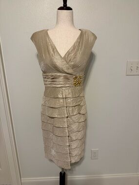 Jessica Howard Champagne Gold Tiered Midi Dress with Jeweled Waist
